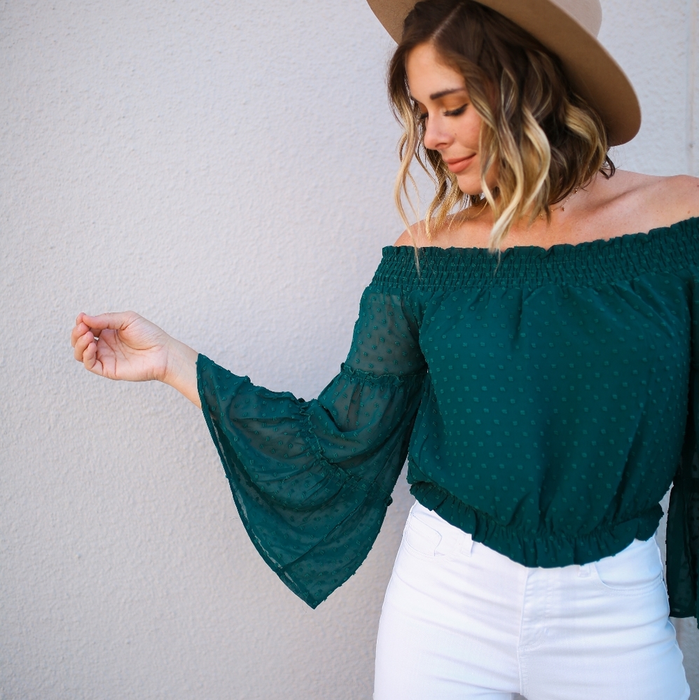 OFF SHOULDER, BELL SLEEVE TOP